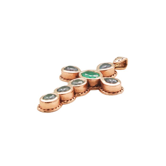 Emerald and Sapphire Byzantine Cross Pendant18kt Rose Gold