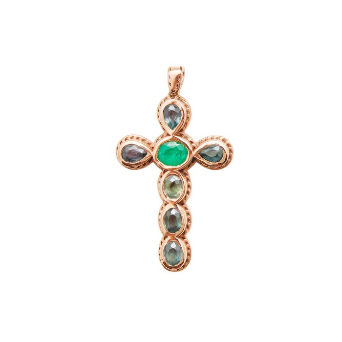 Emerald and Sapphire Byzantine Cross Pendant18kt Rose Gold