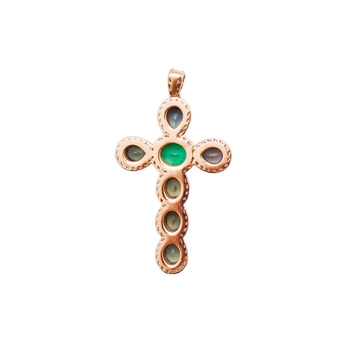 Emerald and Sapphire Byzantine Cross Pendant18kt Rose Gold